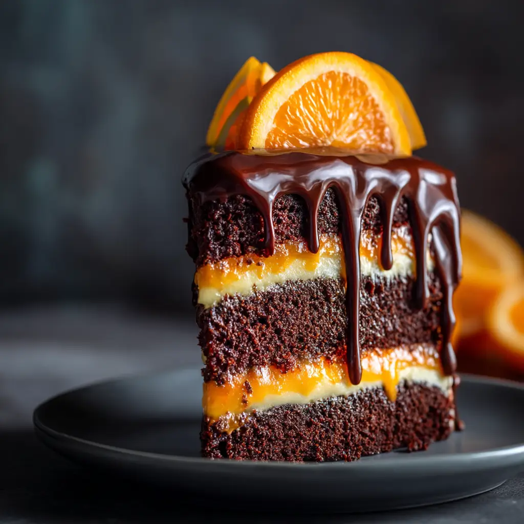 The process of frosting the chocolate orange layer cake with a spatula, showing the rich, silky orange buttercream being applied.