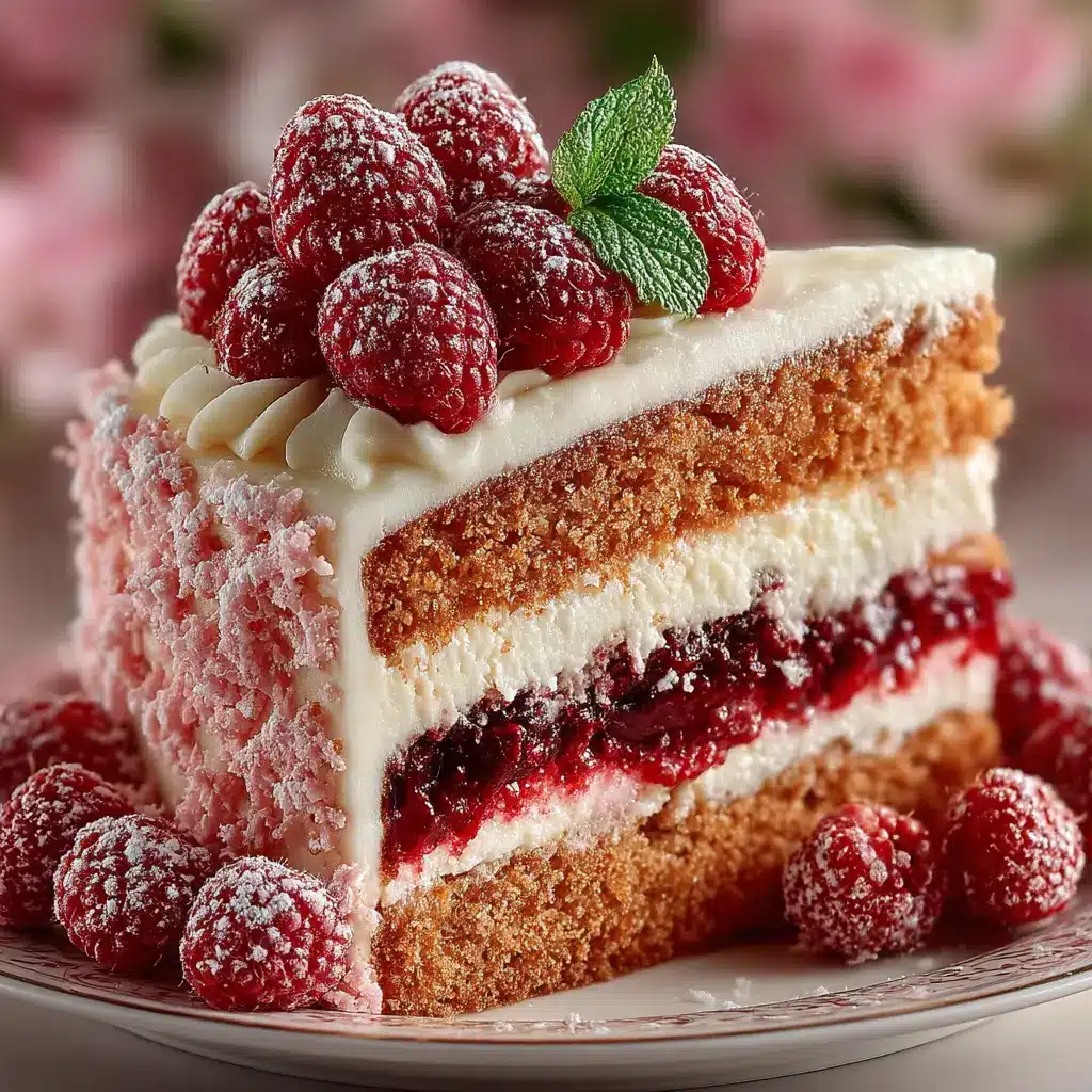 A fresh raspberry cake being frosted with creamy white cream cheese frosting, showing the assembly process.