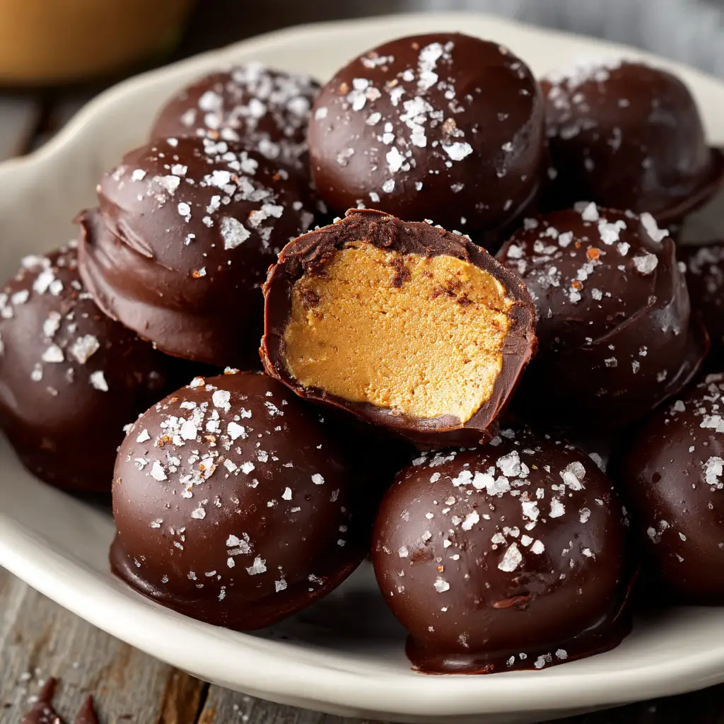 Peanut Butter Greek Yogurt Bites (Easy & Healthy Snack!) 2 A tray of freshly made frozen peanut butter yogurt bites before being dipped in chocolate. Illustrates the simple preparation for this healthy no-bake snack.