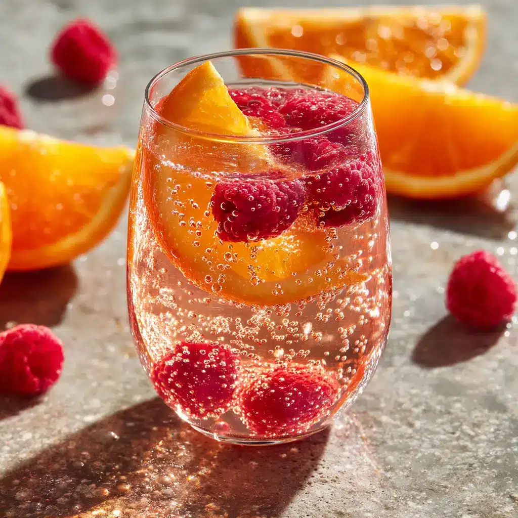 A close-up of a glass filled with fruity white wine sangria, showing slices of peaches and orange.