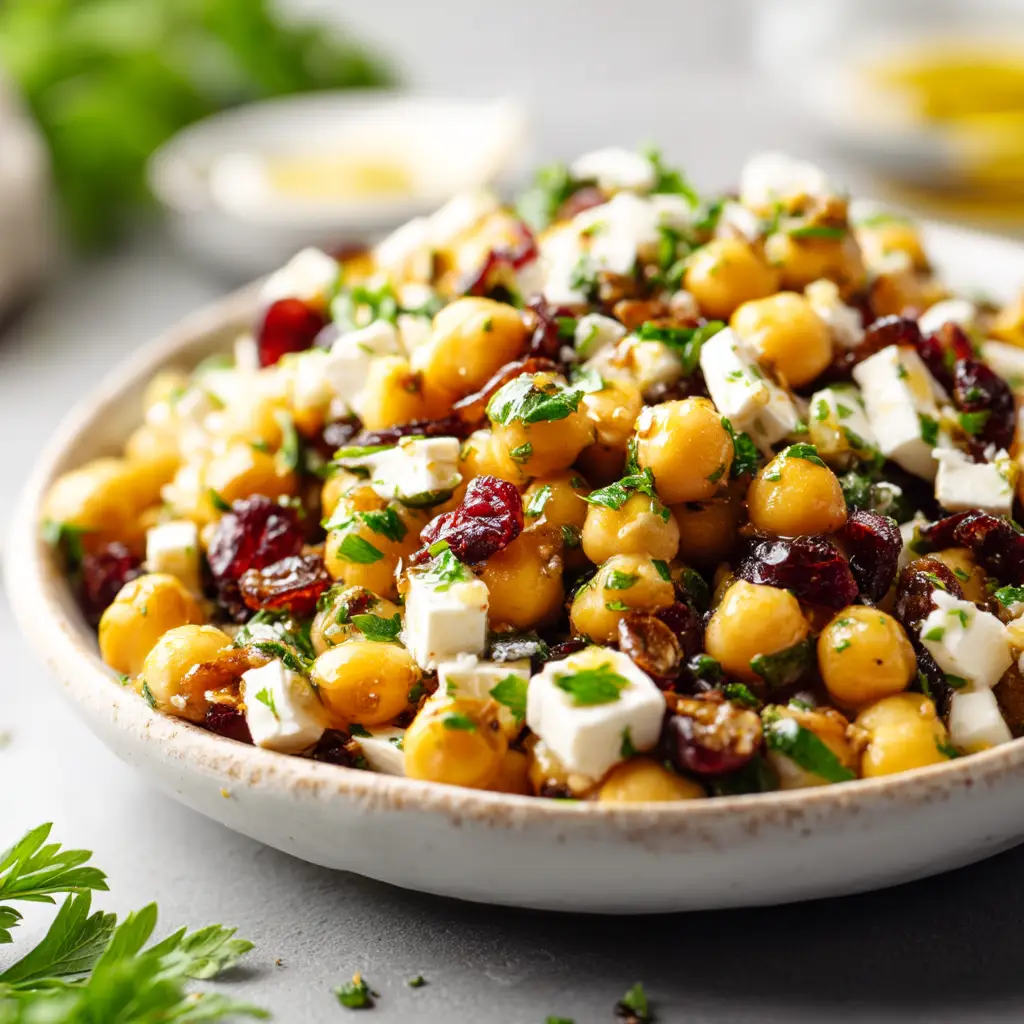 A close-up view of the garbanzo bean salad, showing the perfect texture of mashed and whole chickpeas mixed with celery and red onion.