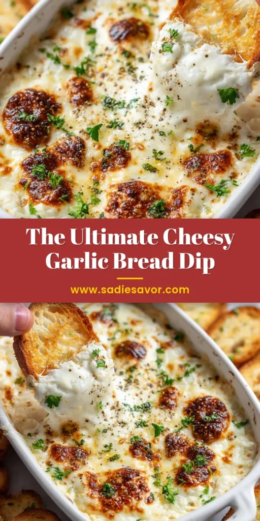 A shareable pin image showing a hot and bubbly Garlic Bread Dip in a baking dish, with text overlay for Pinterest.