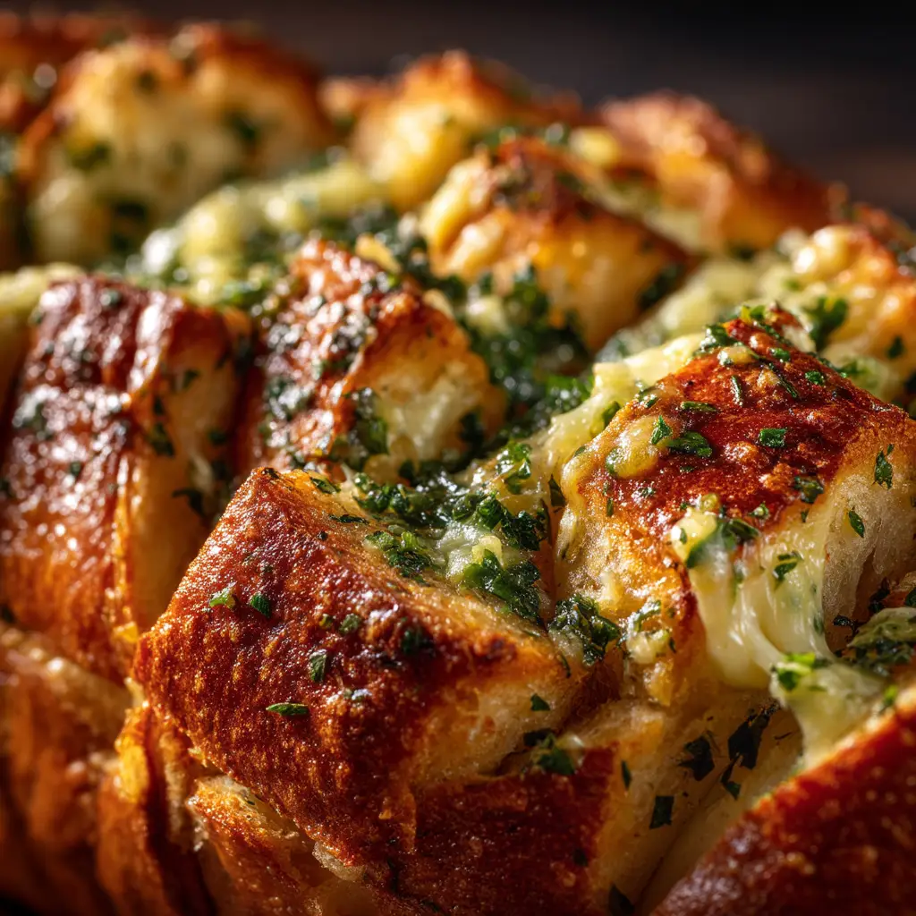 A detailed view of the flaky, herb-flecked layers of the garlic butter bread before serving.