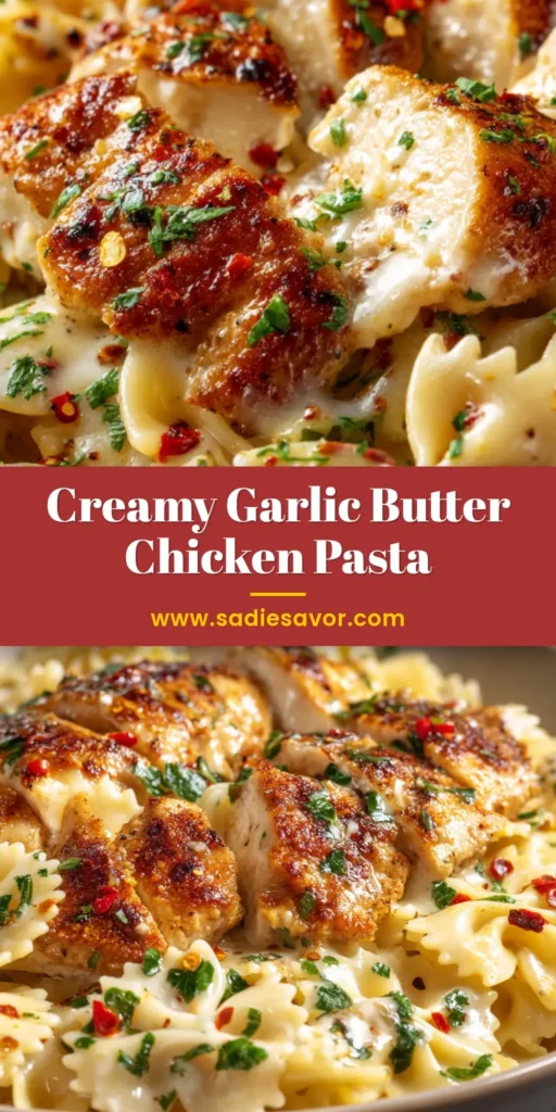 Garlic Butter Chicken Pasta (The Ultimate 30-Minute Recipe) 4 A top-down view of a white plate filled with delicious Garlic Butter Chicken Pasta, garnished with fresh parsley and Parmesan cheese.