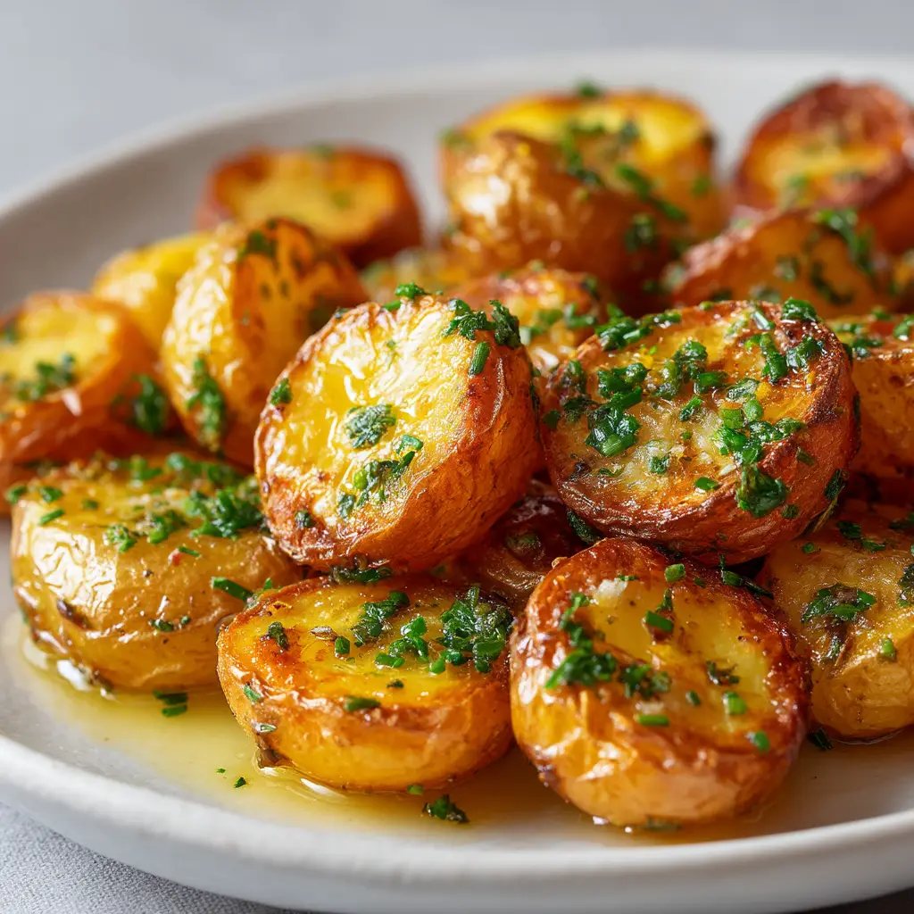 A batch of crispy garlic butter potatoes on a baking sheet fresh out of the oven, golden brown and ready to be served.