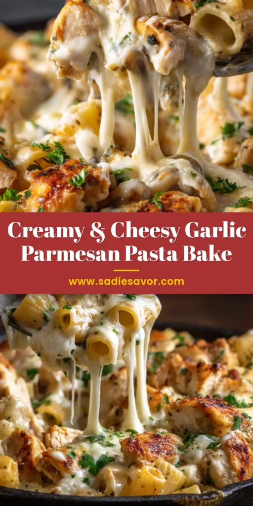 Garlic Parmesan Pasta Bake: The Ultimate Cheesy Comfort Dish 3 A delicious Garlic Parmesan Pasta Bake in a white baking dish, showing a cheesy, golden-brown topping. The perfect easy weeknight dinner recipe!