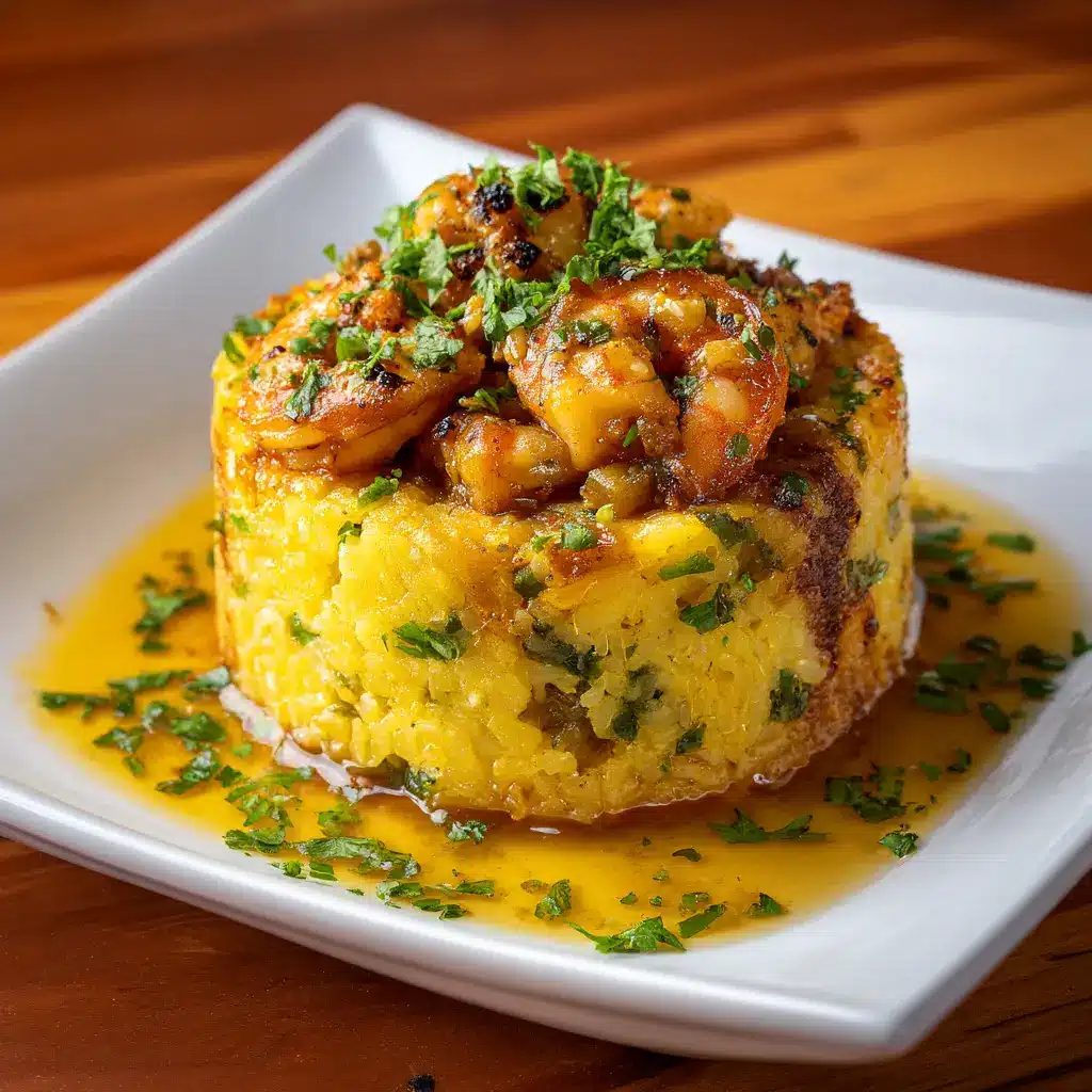 A skillet filled with juicy camarones al ajillo (garlic shrimp) simmering in a buttery sauce, ready to be served over mofongo.