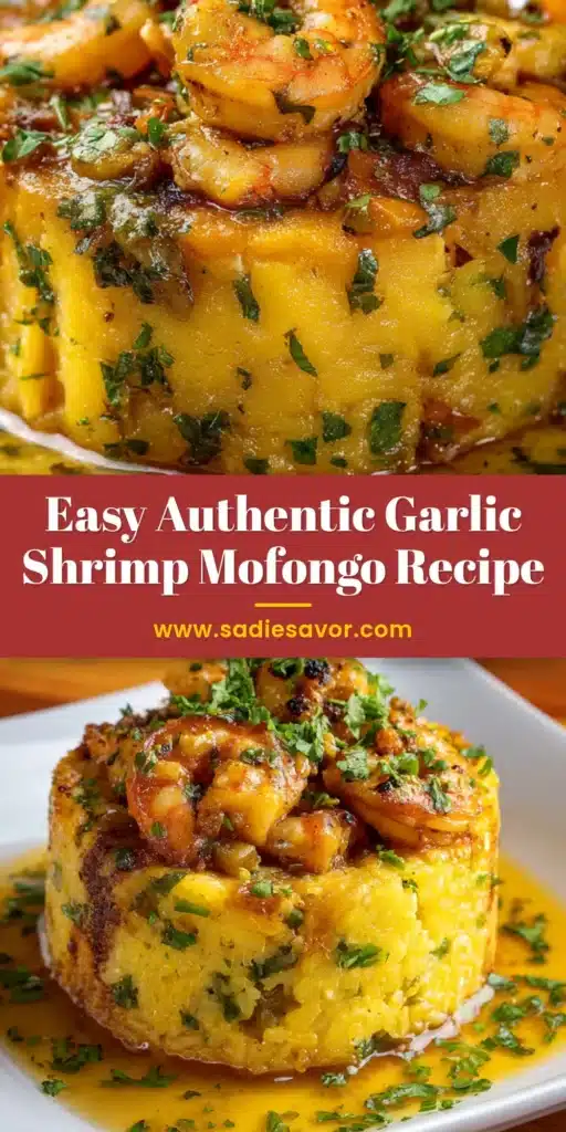A close-up shot of a perfect dome of mofongo topped with succulent garlic shrimp and a savory sauce, garnished with fresh parsley. This image represents the finished Garlic Shrimp Mofongo Recipe.