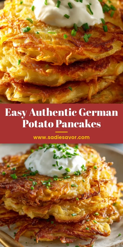 German Potato Pancakes (Authentic Kartoffelpuffer) 4 A stack of crispy, golden-brown German potato pancakes served on a plate with a side of applesauce and a dollop of sour cream, ready to be eaten.