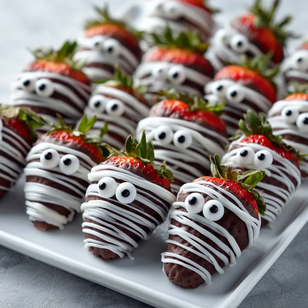 A freshly dipped ghost strawberry being placed on parchment paper to set, showcasing the smooth, glossy white chocolate coating.