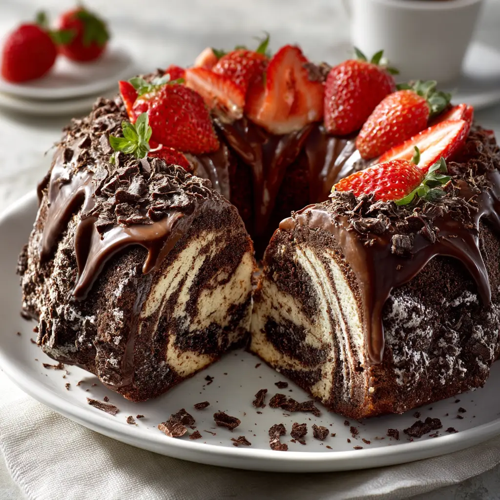 Chocolate Swirl Bundt Cake: A Stunning Marble Masterpiece 1 The process of drizzling a shiny chocolate glaze over a freshly baked chocolate swirl bundt cake that is cooling on a wire rack.