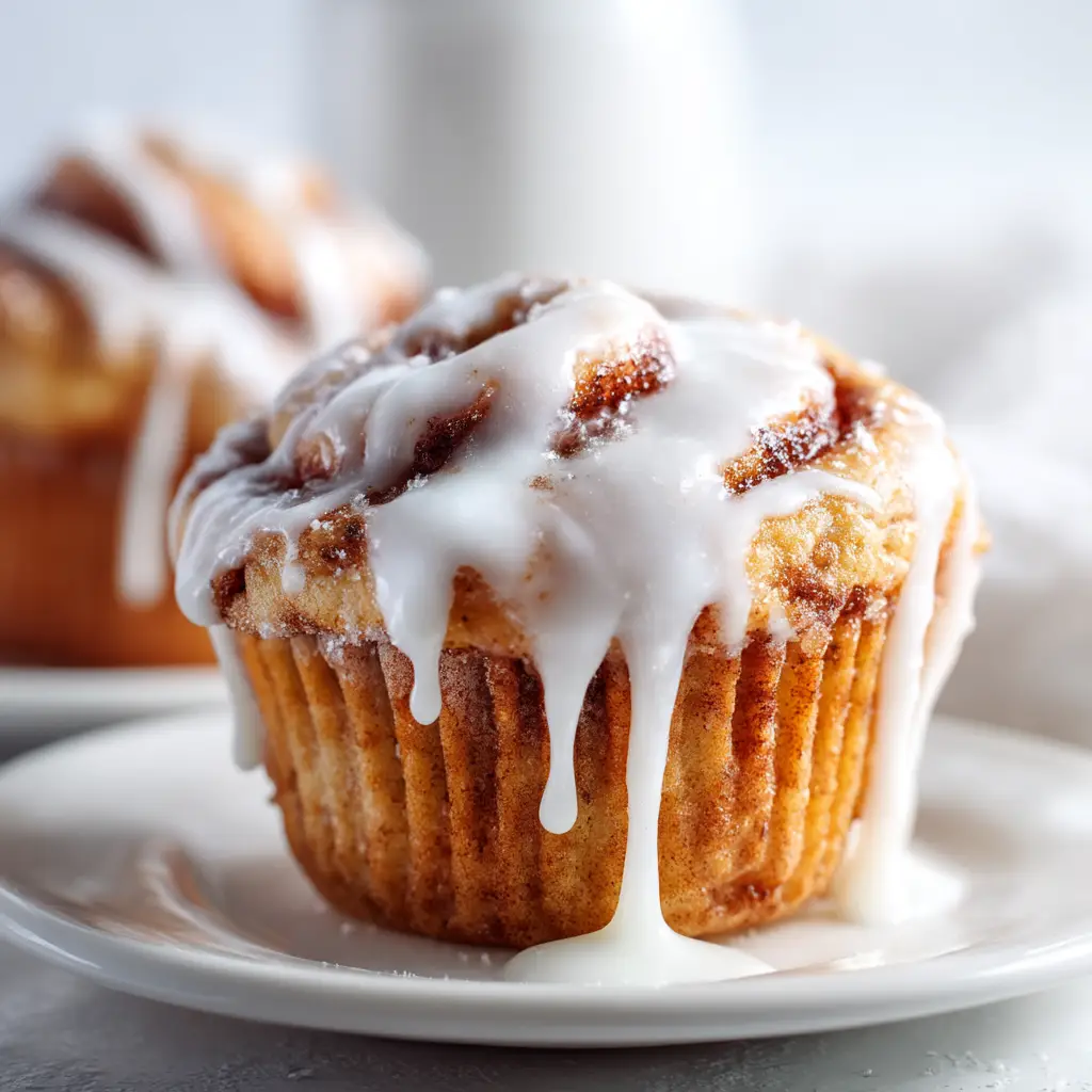 A freshly baked cinnamon roll muffin being drizzled with a delicious, creamy cream cheese glaze.