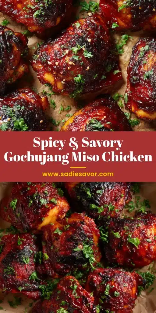 A close-up shot of juicy, glazed Gochujang Miso Chicken pieces in a bowl, garnished with sesame seeds and green onions. The perfect spicy and savory chicken recipe.