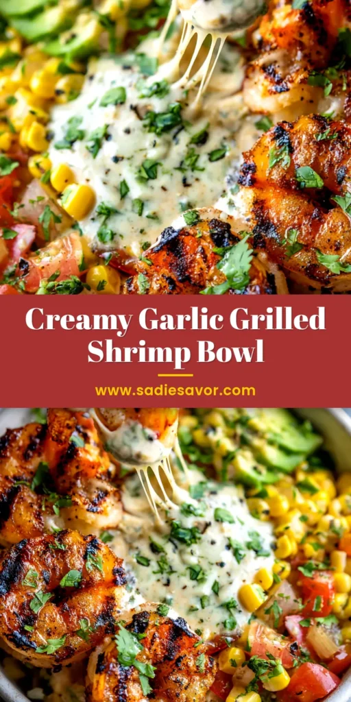 An overhead shot of a vibrant Grilled Shrimp Bowl with a chili-lime dressing. The bowl is filled with rice, black beans, corn, avocado, and perfectly charred shrimp.