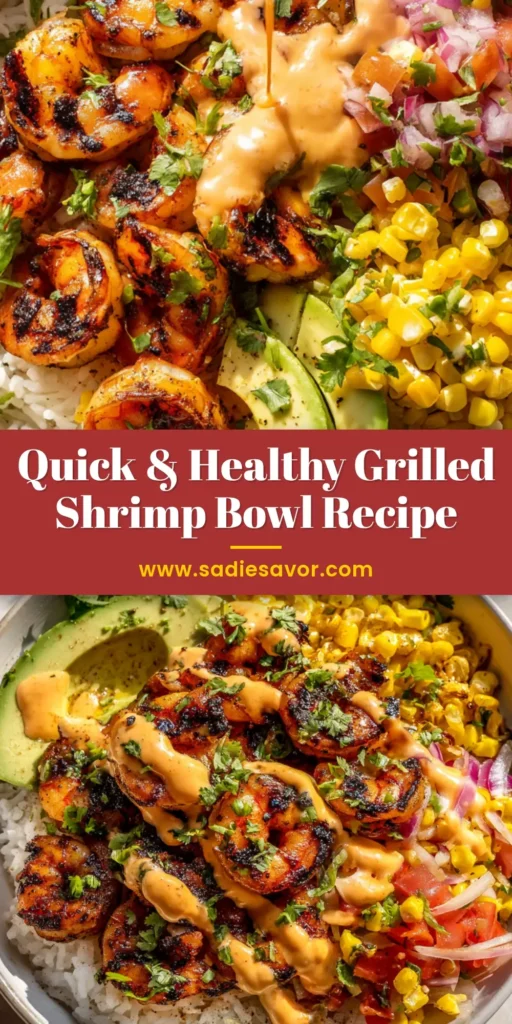 A beautiful and healthy Grilled Shrimp Bowl with cilantro lime shrimp, black beans, corn, and avocado over a bed of white rice. The perfect easy dinner recipe.
