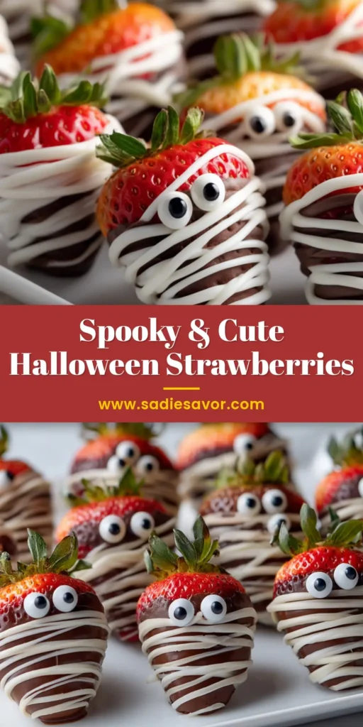 A platter of spooky Halloween strawberries, including white chocolate ghosts and mummies, and orange candy melt jack-o'-lanterns, ready for a party.