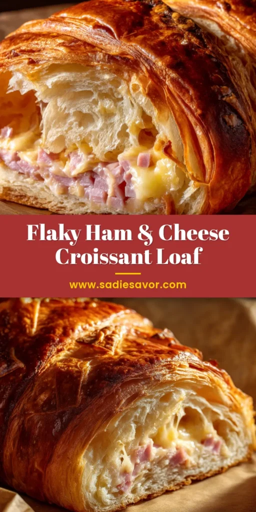 A stunning overhead shot of a finished Ham and Cheese Sourdough Croissant Loaf, golden brown and bursting with melted cheese. The perfect savory bread recipe for brunch.