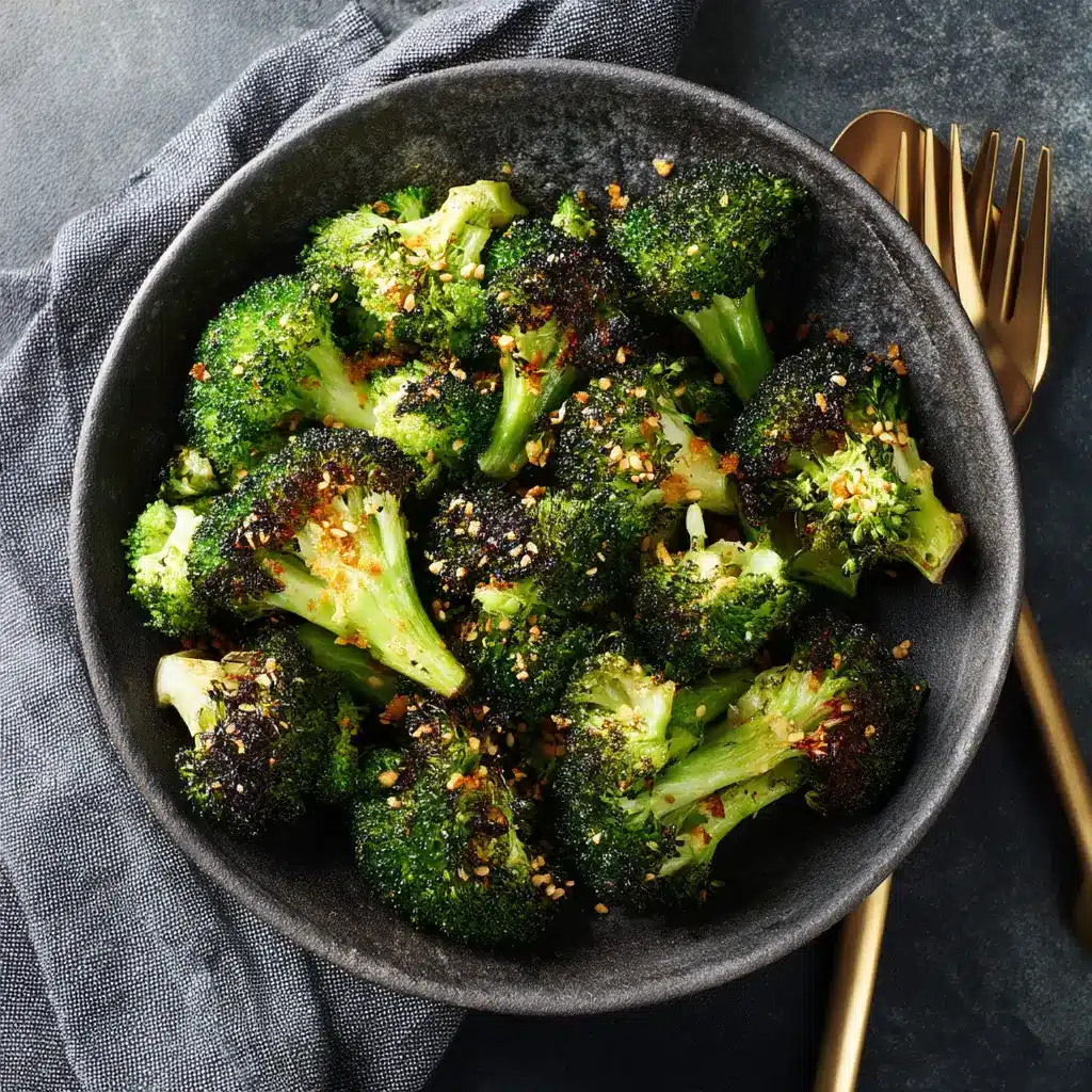 A serving of roasted air fryer broccoli on a plate, showcasing its tender-crisp texture and browned edges.