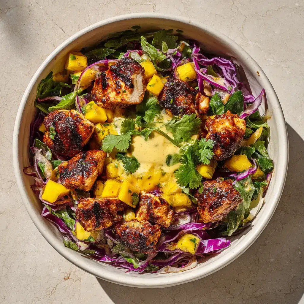 A beautiful presentation of a healthy jerk chicken bowl with pineapple salsa, ready to be served.
