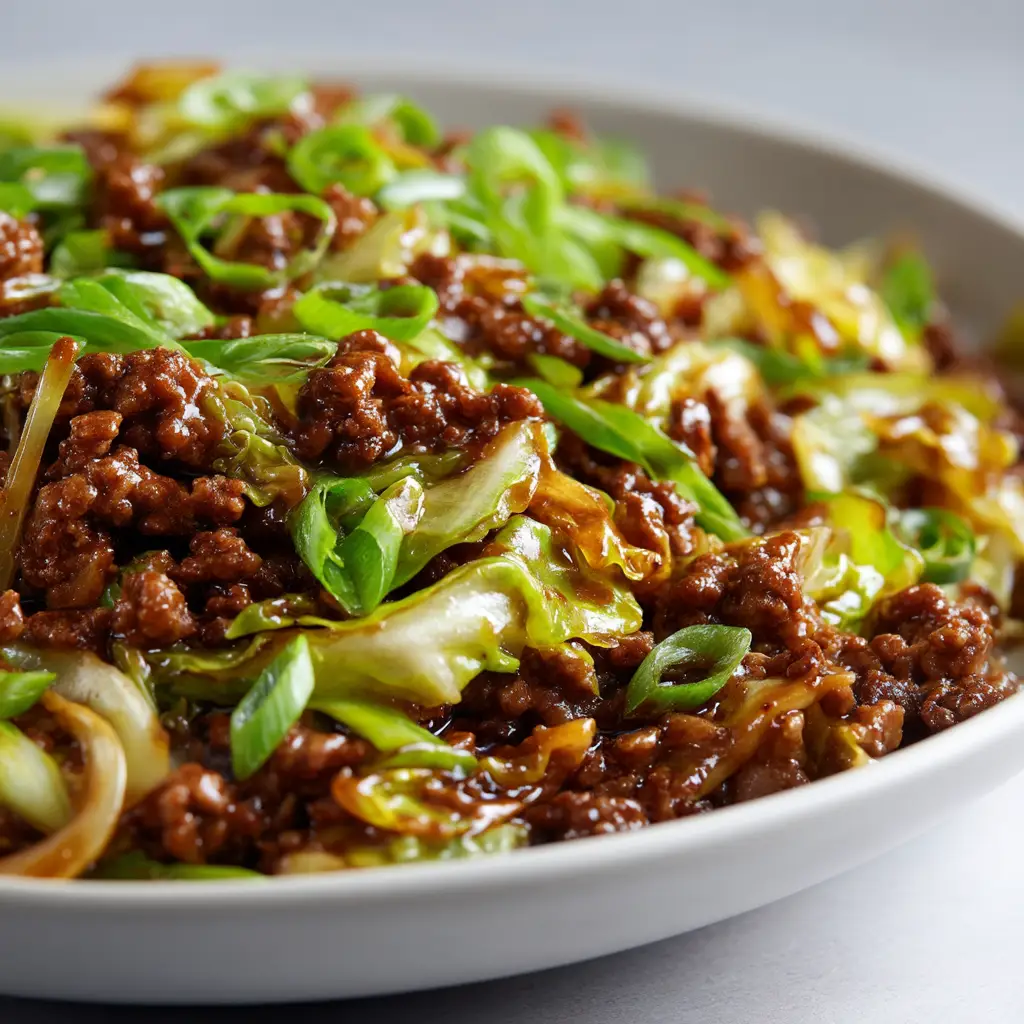 Low-Carb Mongolian Ground Beef (Ready in 20 Minutes!) 1 A spoonful of healthy ground beef stir-fry being lifted from a bowl, served over cauliflower rice.