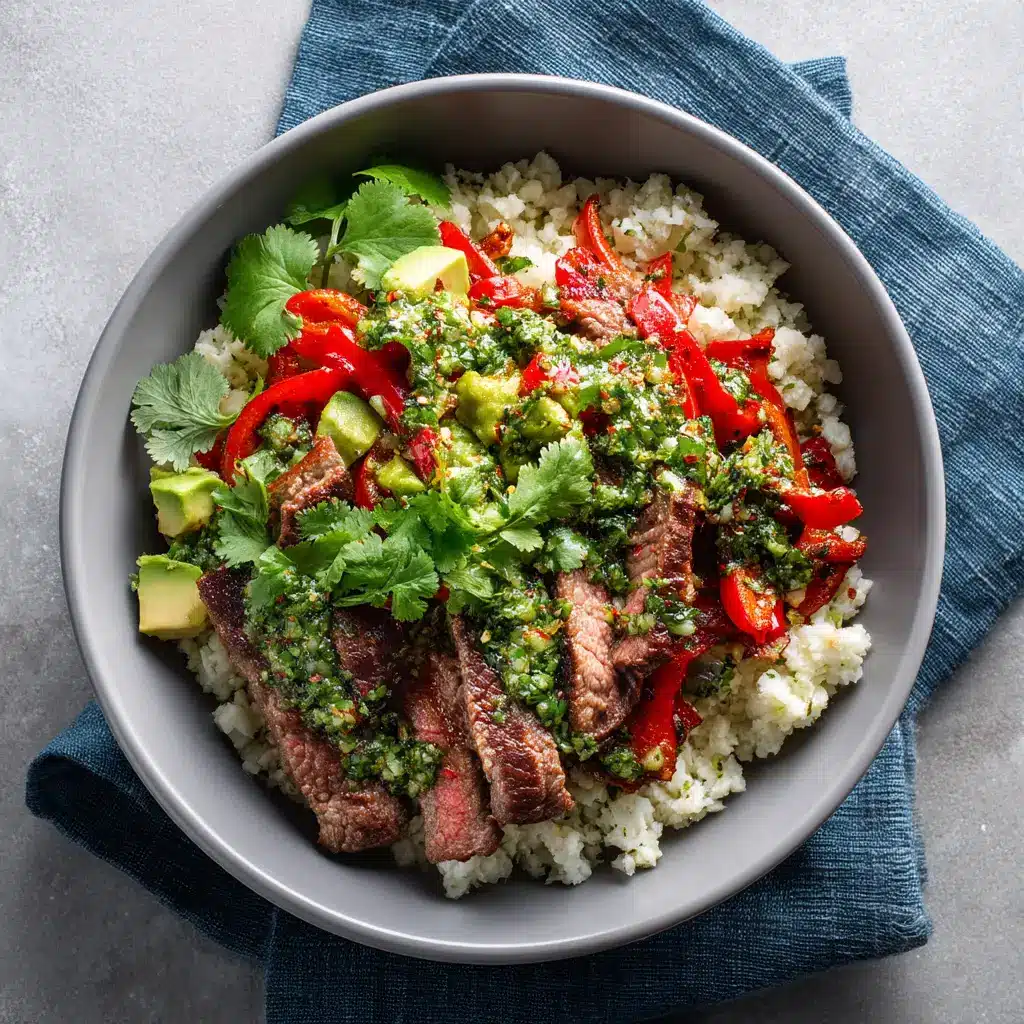 High Protein Steak Fajita Bowl (The Ultimate Recipe) 2 A high-angle shot of a healthy steak fajita bowl, beautifully arranged with sliced steak, sautéed peppers, and fresh cilantro.