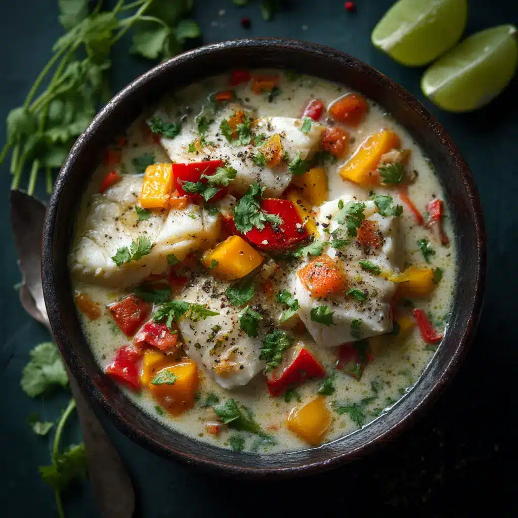 Creamy Coconut White Fish Stew: A 30-Minute Dream 1 A beautiful final serving of the creamy fish stew in a rustic bowl, ready to be eaten. A spoon rests in the bowl, highlighting the rich and creamy broth.