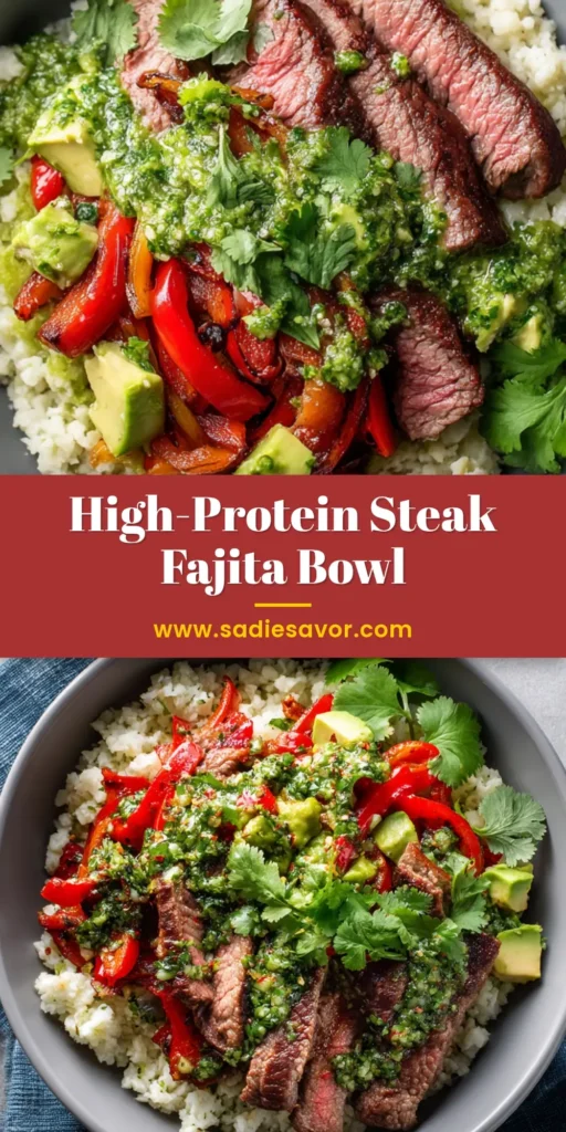 High Protein Steak Fajita Bowl (The Ultimate Recipe) 4 A vibrant and delicious High Protein Steak Fajita Bowl loaded with seasoned steak, colorful peppers, onions, and black beans on a bed of quinoa.