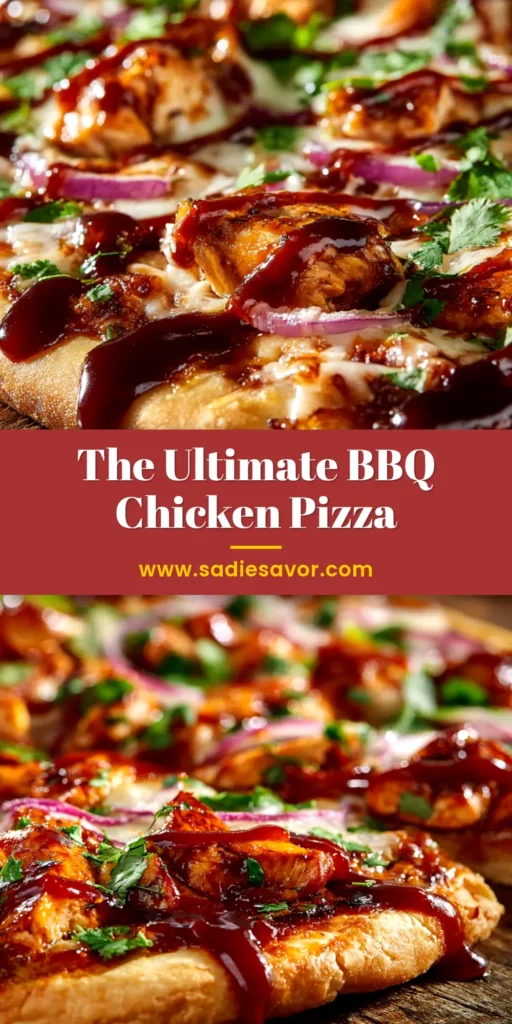 An overhead shot of a delicious, fully assembled BBQ chicken pizza ready to be shared. The pizza is topped with chicken, red onions, and melted cheese, with a golden crust.