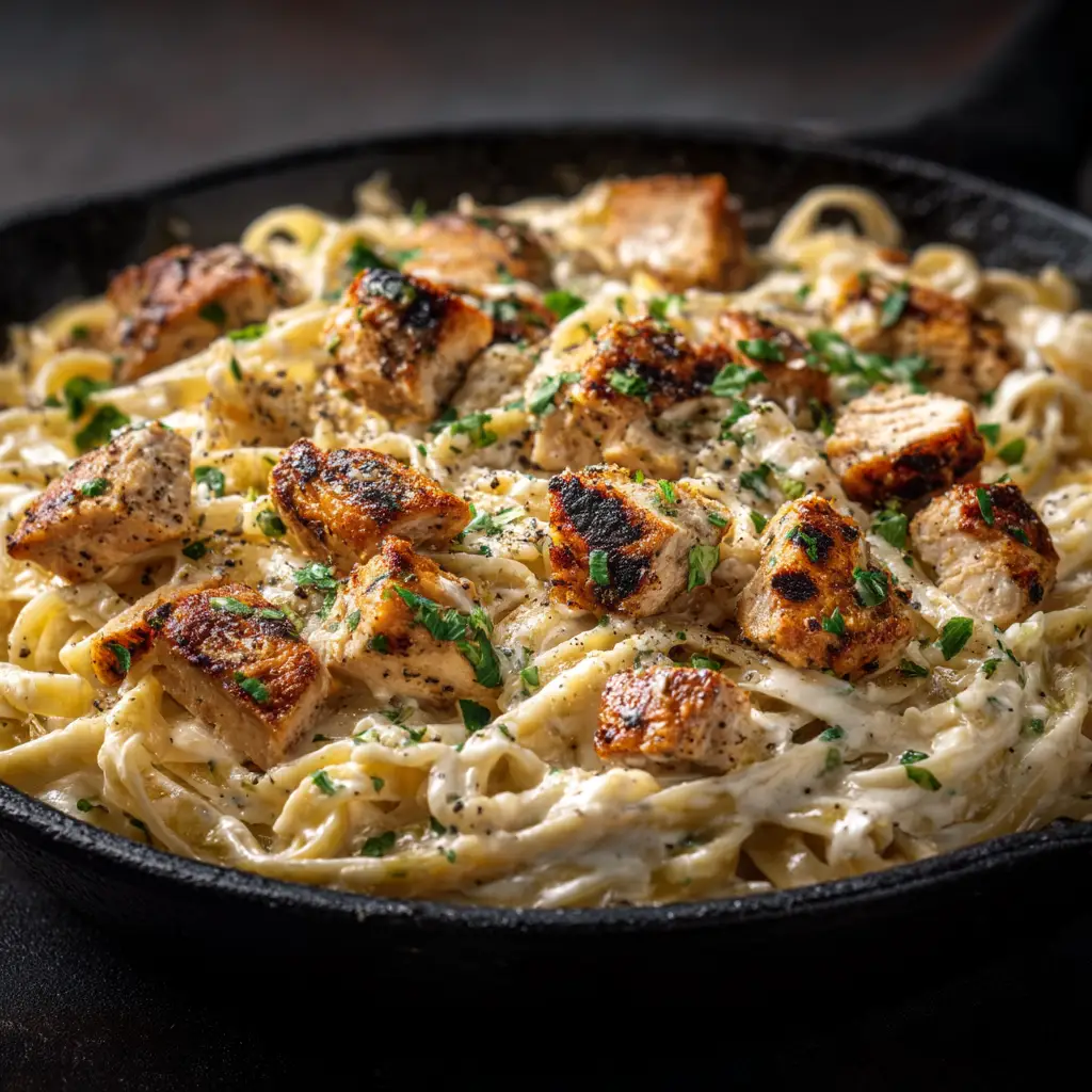 A skillet shot showing the process of making the homemade cajun alfredo sauce, with chicken resting on a cutting board in the background.