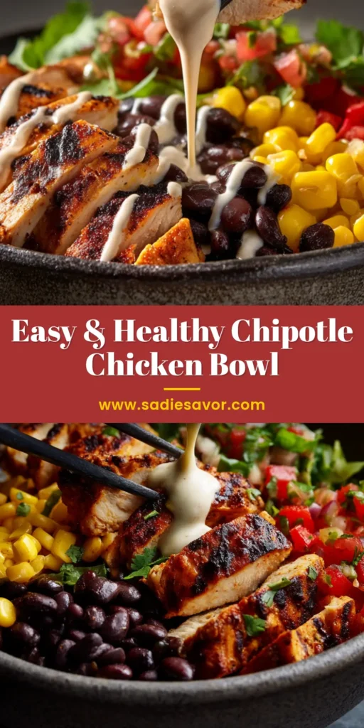 An overhead shot of a homemade Chipotle Chicken Bowl, loaded with adobo chicken, cilantro lime rice, black beans, corn salsa, and fresh guacamole.