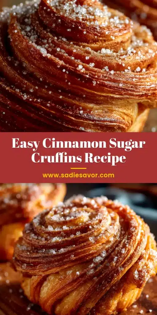 A beautiful platter of homemade Cinnamon Cruffins, showcasing their flaky, swirled layers and sparkling cinnamon-sugar coating. The perfect recipe for a delicious brunch treat.
