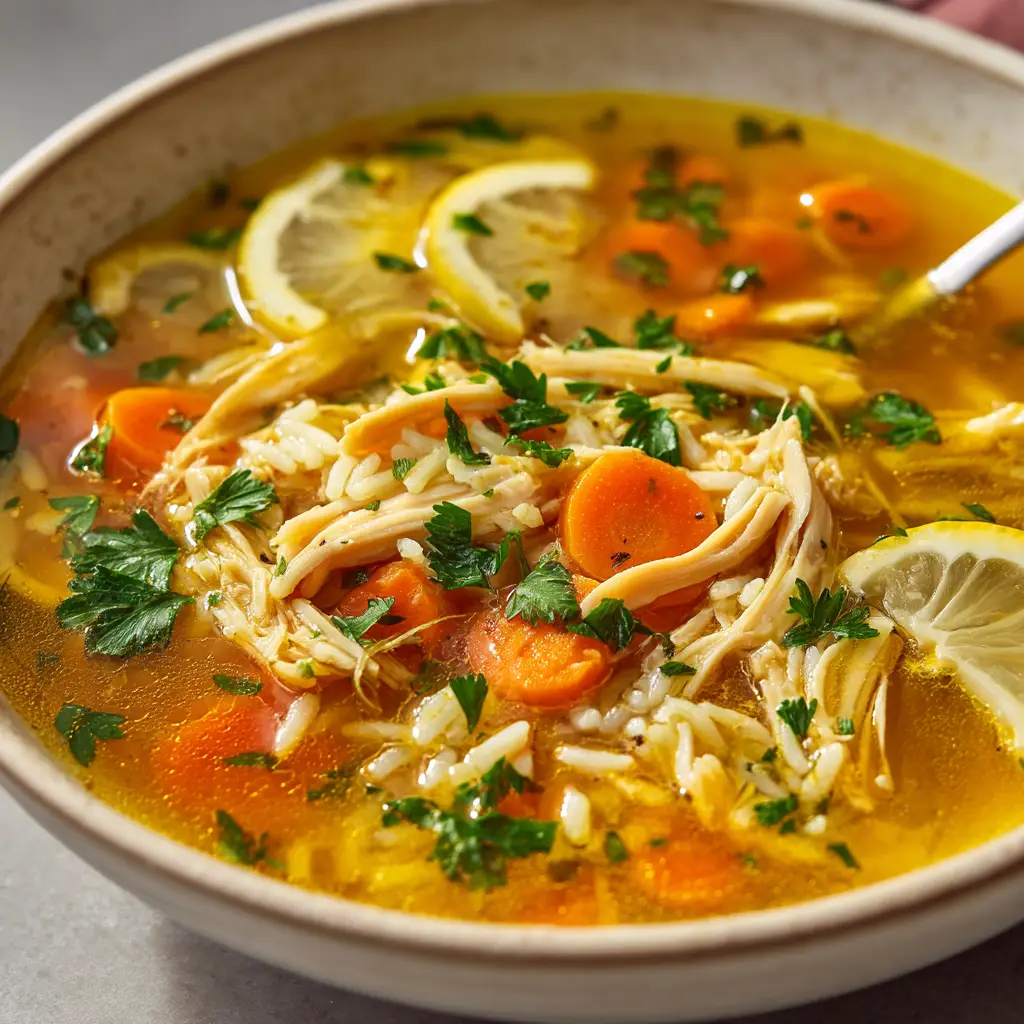 A pot of homemade chicken soup with lemon and ginger simmering on the stove, with fresh ingredients visible in the rich, golden broth.