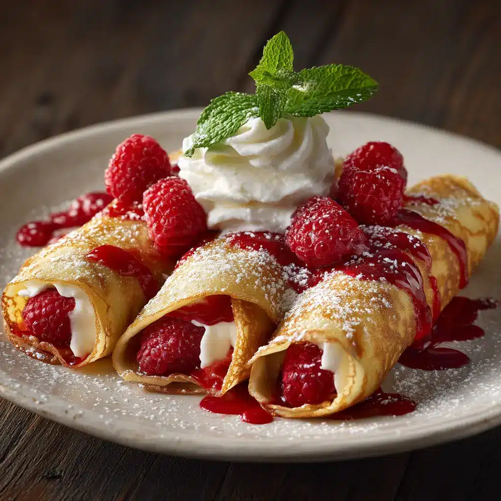 A stack of three homemade raspberry cream crepes, beautifully presented with fresh raspberries and a light dusting of powdered sugar.