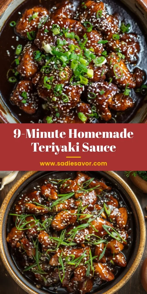 A bottle of dark homemade teriyaki sauce next to a small white bowl filled with the sauce, ready for serving. The text overlay reads 'Easy Homemade Teriyaki Sauce Recipe'.