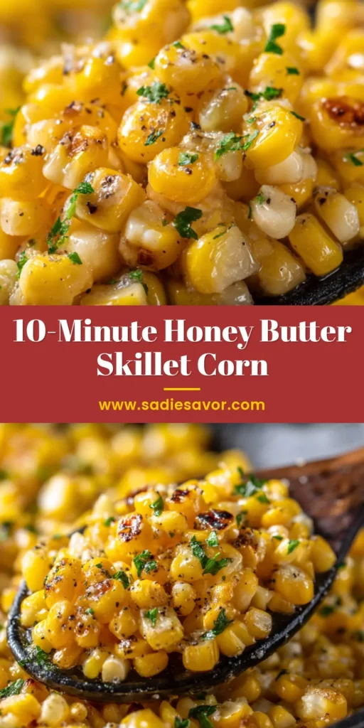 A top-down shot of golden Honey Butter Skillet Corn in a black cast iron skillet, garnished with fresh parsley.