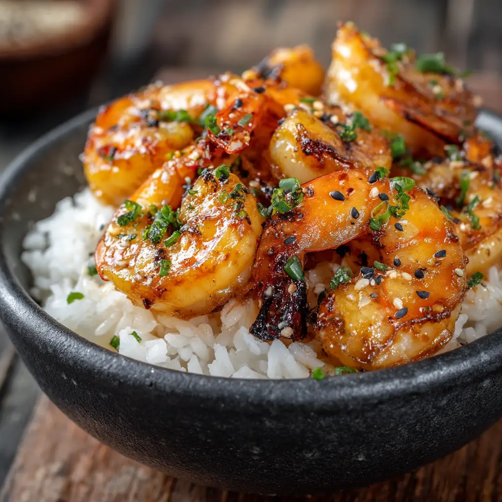 A serving of honey garlic shrimp in a white bowl over a bed of fluffy rice, ready to be eaten. The dish is garnished with fresh herbs.