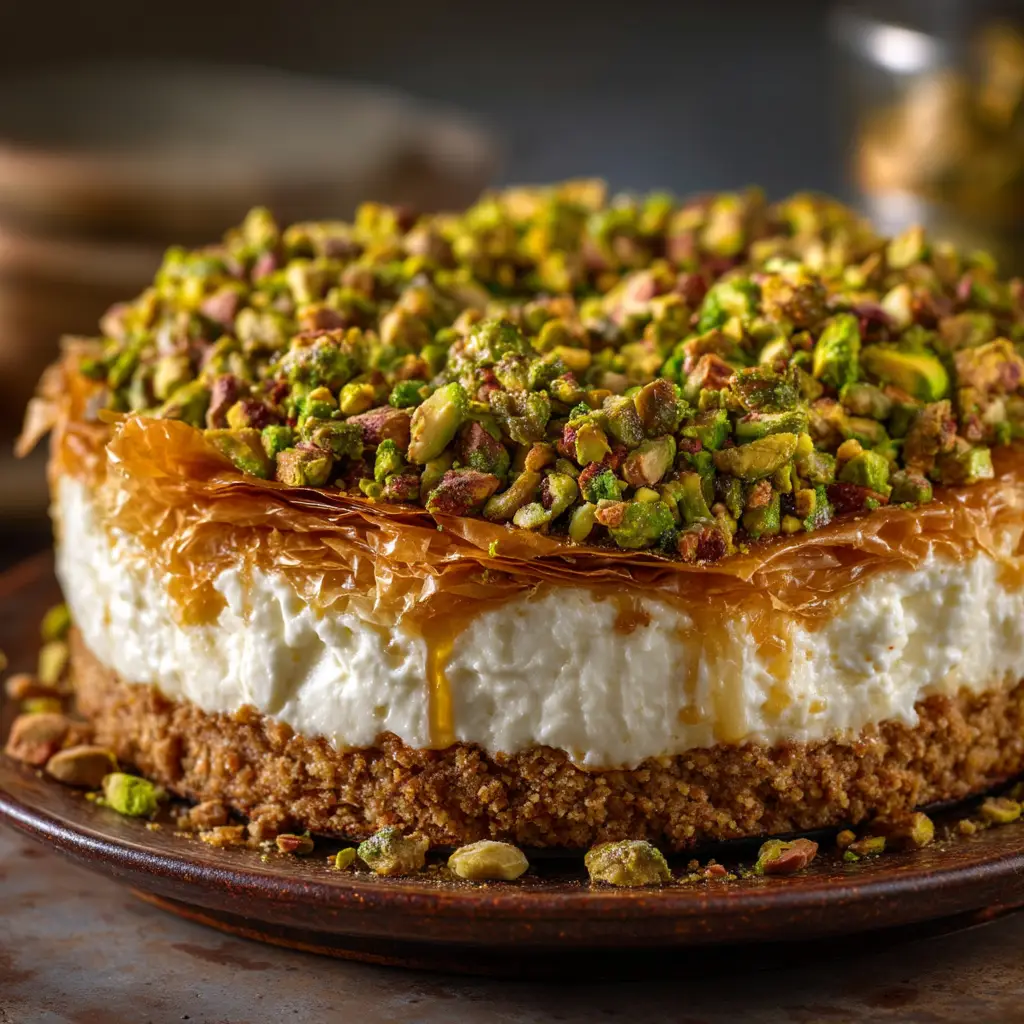 Honey Pistachio Baklava Cheesecake: The Ultimate Decadent Dessert 1 An overhead view of the Honey Pistachio Baklava Cheesecake, emphasizing the beautiful texture of the pistachio topping and the rich honey drizzle. Several slices have been cut, revealing the creamy interior.