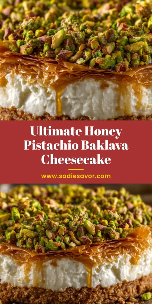 Honey Pistachio Baklava Cheesecake: The Ultimate Decadent Dessert 3 A beautiful slice of Honey Pistachio Baklava Cheesecake on a white plate, showing the creamy filling, flaky crust, and a generous topping of chopped pistachios drizzled with honey.