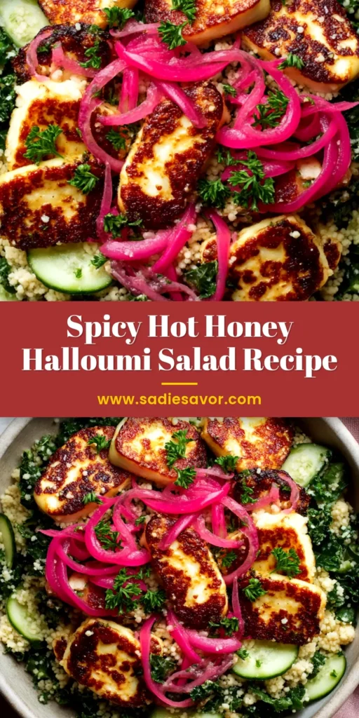 Hot Honey Halloumi Salad with a Zesty Lemon Vinaigrette 3 An overhead shot of a vibrant Hot Honey Halloumi Salad in a white bowl, showcasing golden-brown halloumi cheese, fresh greens, and cherry tomatoes.