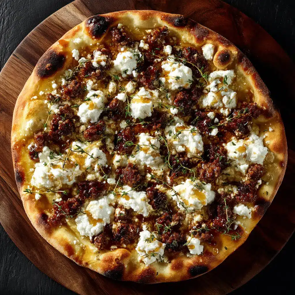 Hot Sausage Feta Honey Pizza: A Flavor Explosion 1 A close-up shot of the Hot Sausage Feta Honey Pizza toppings, highlighting the texture of the cooked spicy sausage, melted feta, and glistening hot honey.
