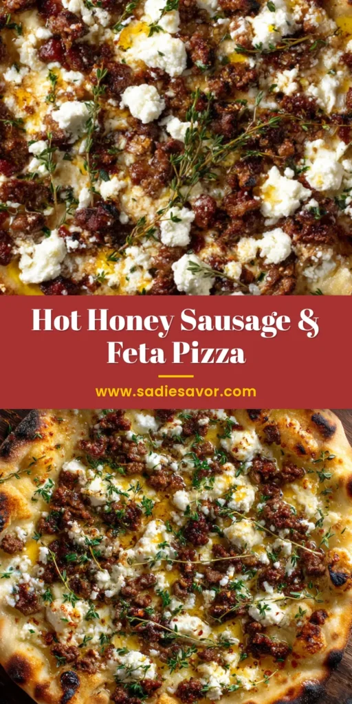 Hot Sausage Feta Honey Pizza: A Flavor Explosion 3 A delicious slice of Hot Sausage Feta Honey Pizza being lifted from the whole pizza, showing a perfect cheese pull with spicy sausage and crumbled feta, drizzled with golden hot honey.