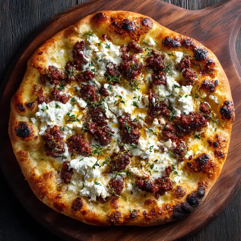 Hot Sausage Feta Honey Pizza: A Flavor Explosion 2 A top-down shot of a whole artisanal Hot Sausage Feta Honey Pizza, freshly baked with a golden crust and vibrant toppings, ready to be sliced.