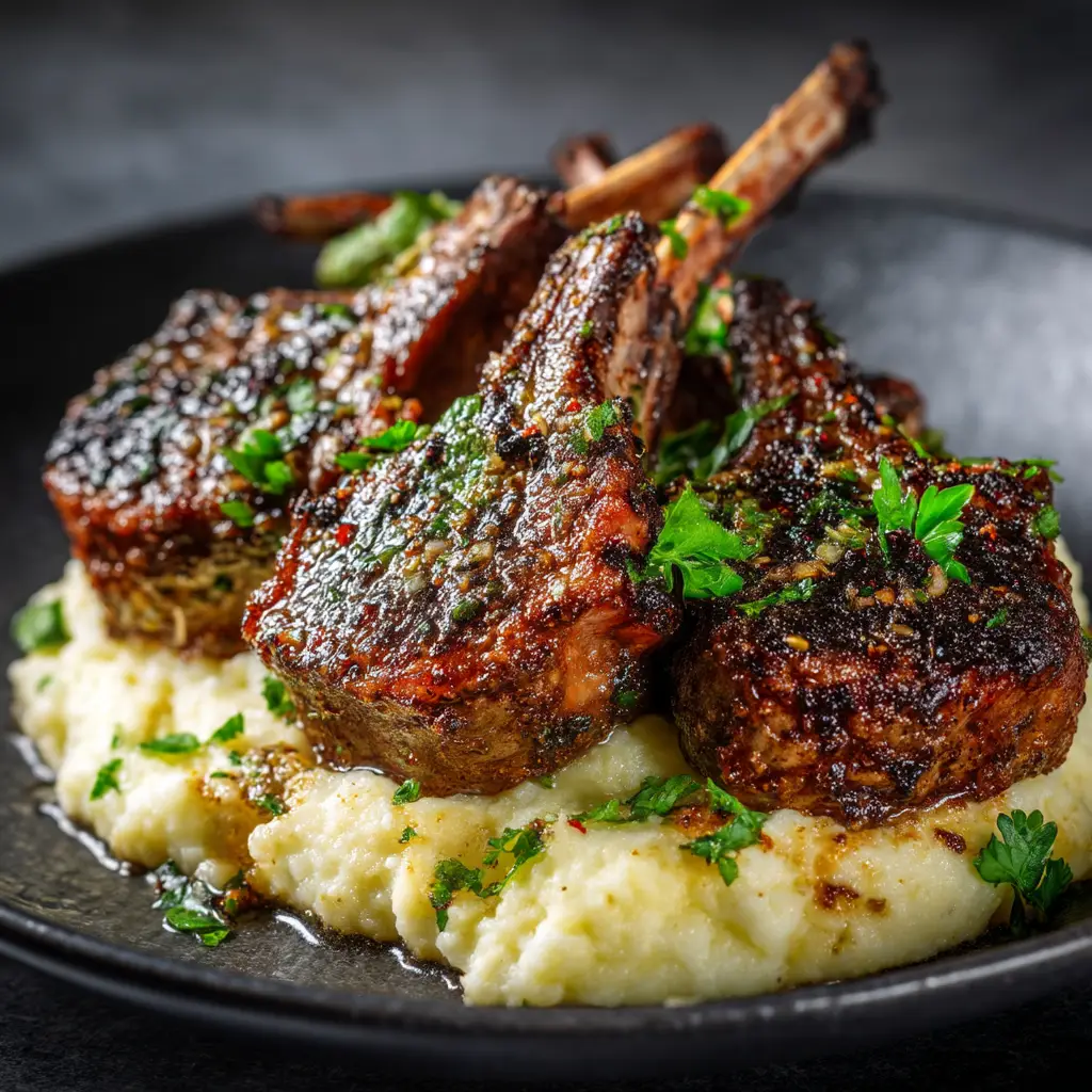 A skillet with lamb chops being basted with garlic herb butter, a key step in this simple recipe.