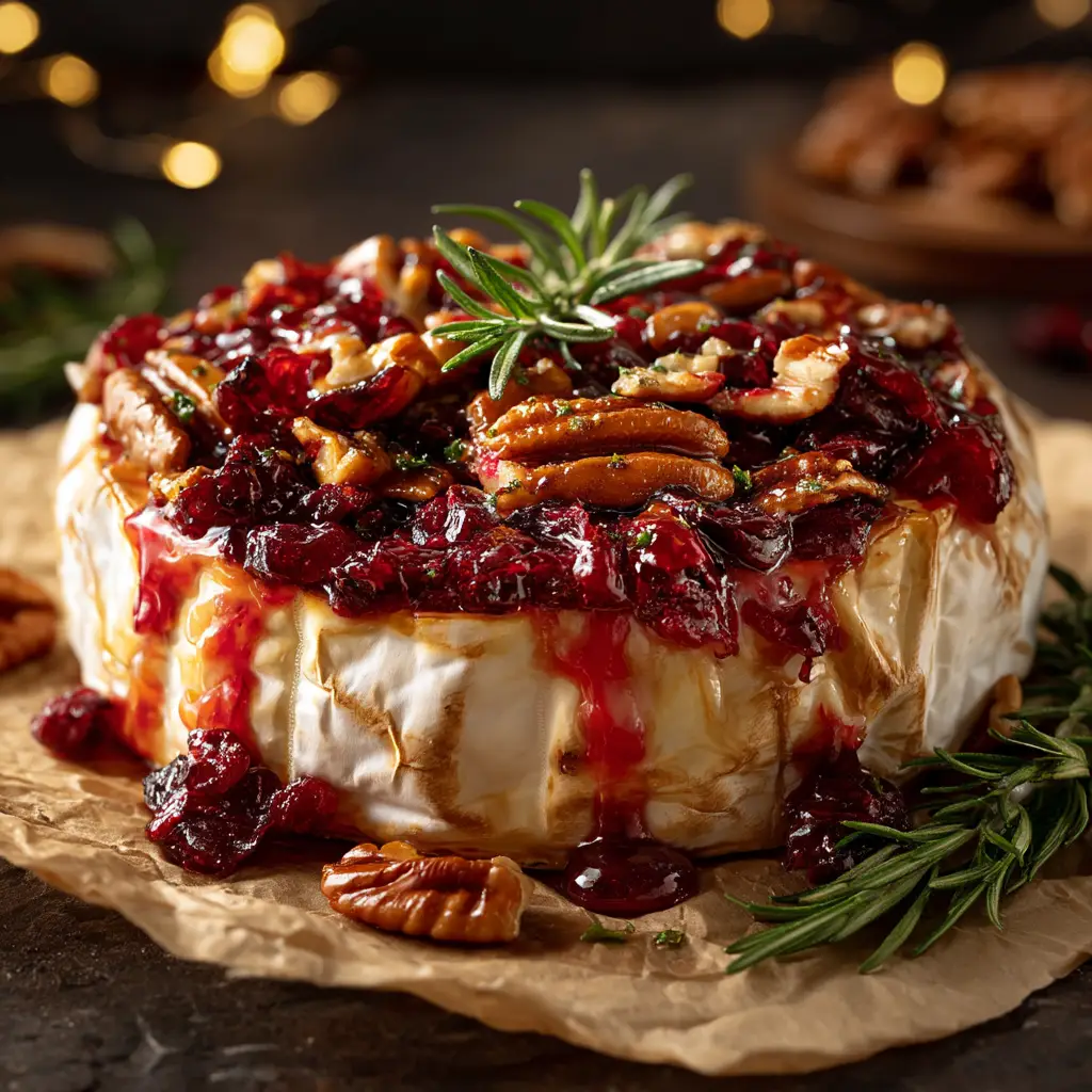 The wheel of brie cheese topped with dried cranberries, chopped pecans, and maple syrup before being baked.