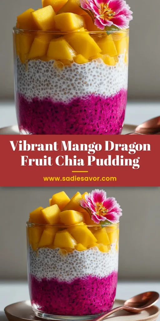 A close up of a Mango Dragon Fruit Chia Pudding layered in a clear glass with diced mango and an edible pink flower.