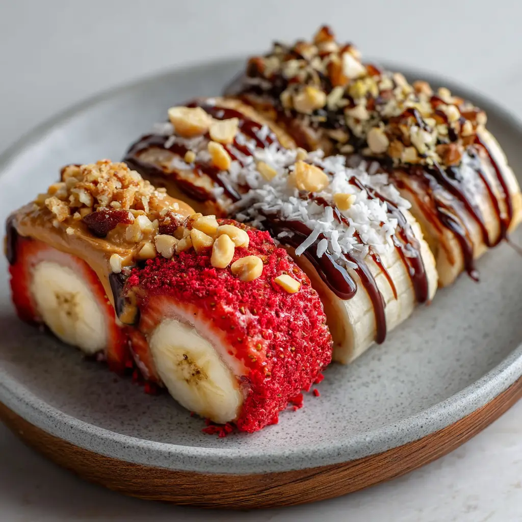 Ingredients needed to make banana sushi including bananas, tortillas, peanut butter, and strawberries.