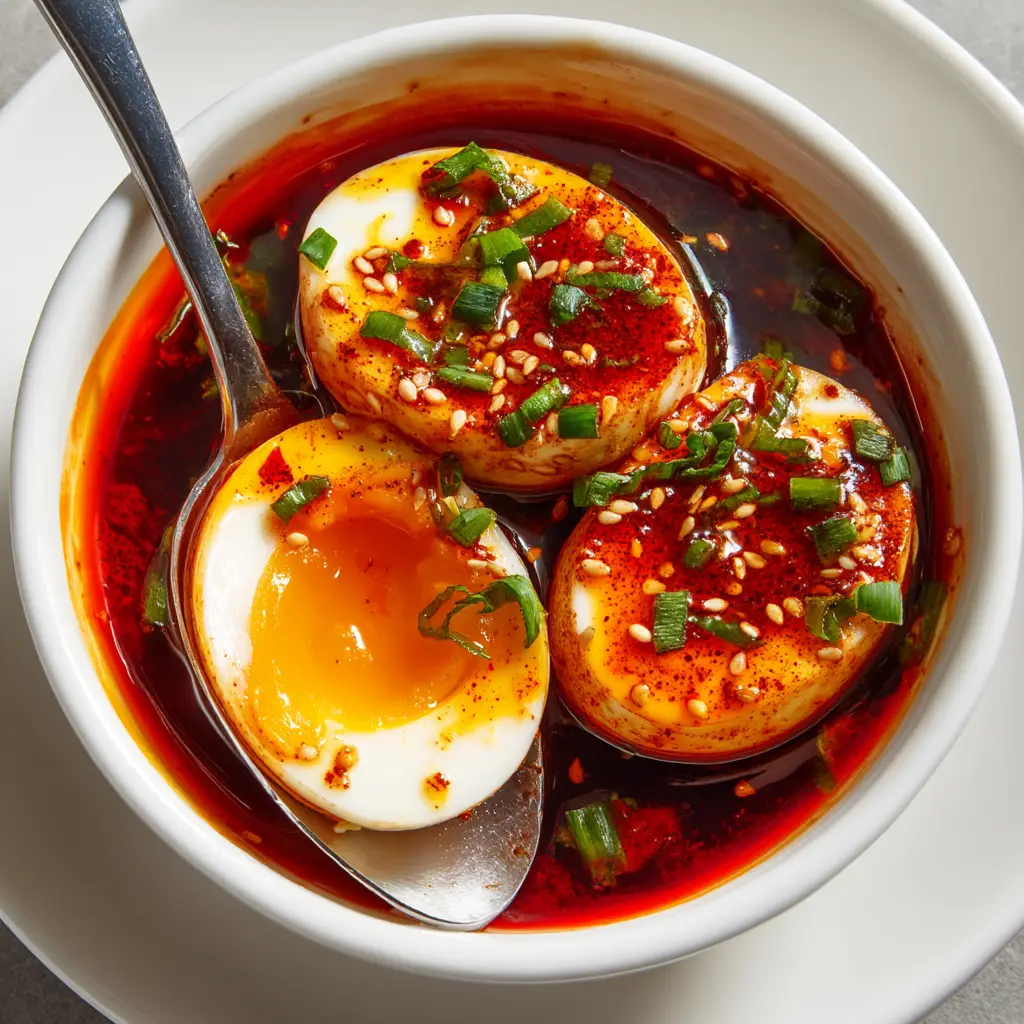 Ingredients for Gochujang Eggs including fresh eggs, gochujang paste, soy sauce, scallions, and a silver spoon in a white ceramic bowl.