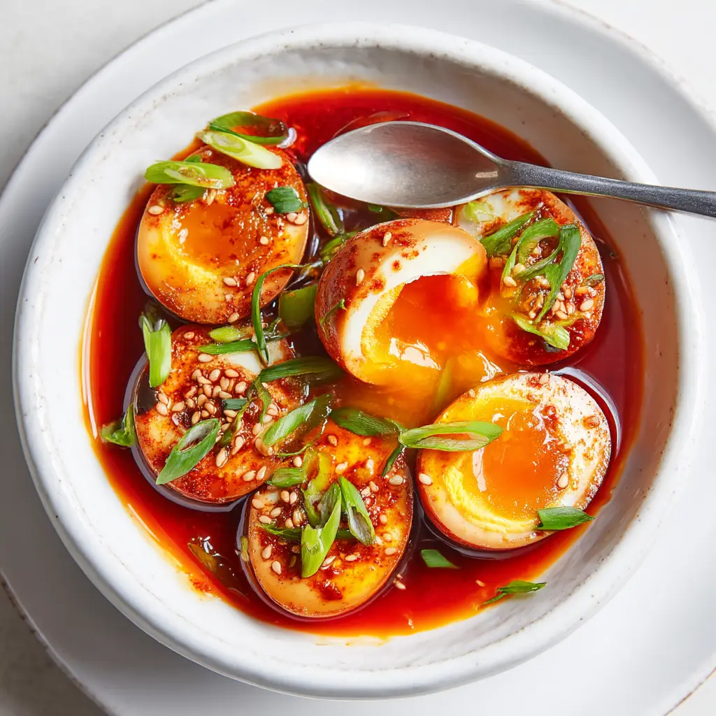 Close up of a silver spoon scooping a glistening half egg out of a red gochujang marinade, showing a perfect orange yolk.