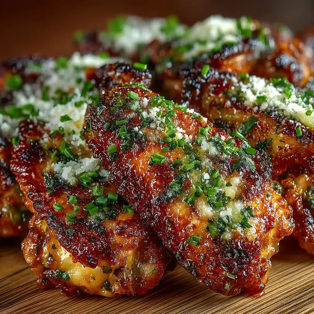 The Best Crispy Baked Cowboy Butter Chicken Wings Recipe 1 Juicy Cowboy Butter Chicken Wings glistening under warm, dramatic lighting, generously sprinkled with fresh chives and grated Parmesan.