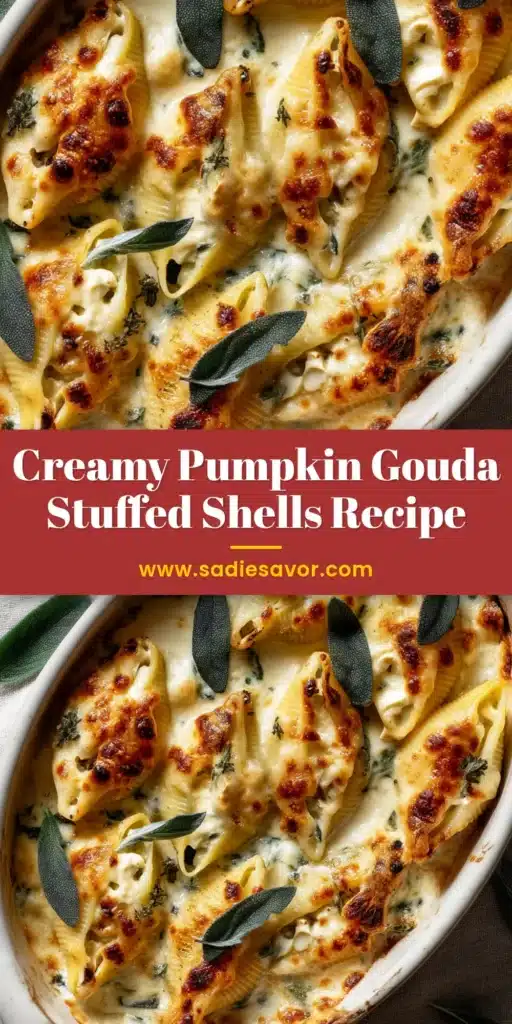 Overhead close-up of beautifully browned baked Pumpkin Gouda Stuffed Shells in a rustic white oval baking dish, garnished with crispy sage.